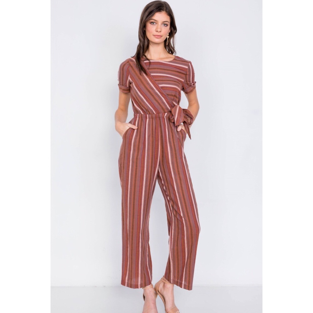 Rust Multi Stripe Flare Leg Front Knot Jumpsuit